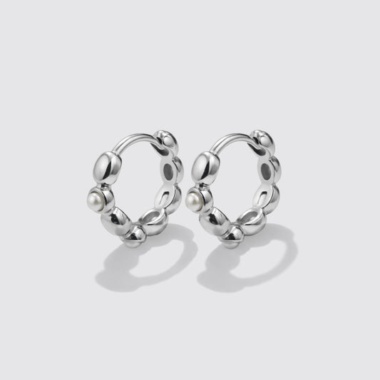 Silvered Huggies in Stainless Steel with Pearls