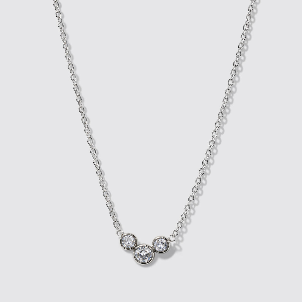 Silvered Necklace in Stainless Steel with Trio of Cubic Zirconia