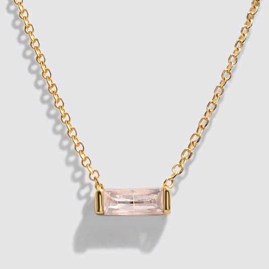 Golden Necklace in Stainless Steel, Rectangular Pink Stone