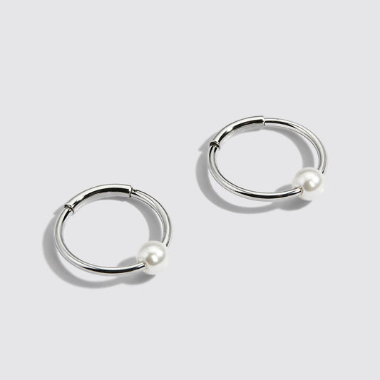 Mini Silvered Sleeper Earrings with Pearl Stainless Steel