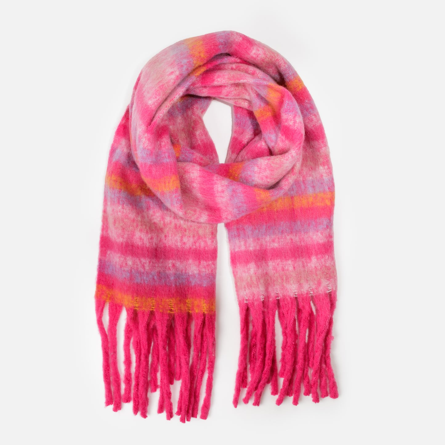 WA243-050MM - Cozy pink scarf with orange & purple stripes